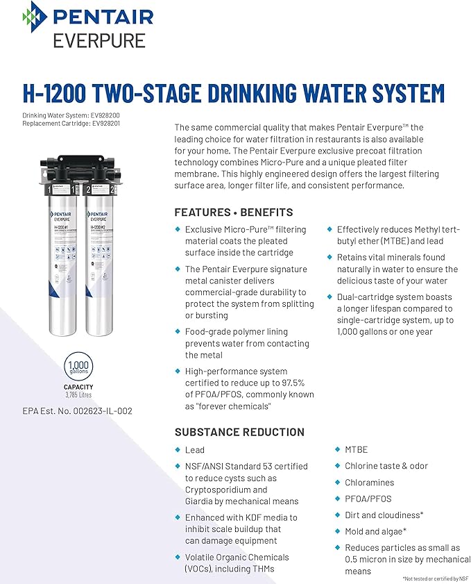 Pentair Everpure H-1200 Quick-Change Filter Cartridge Set, EV928201, Replacement Twin Pack for Use in Everpure H-1200 Drinking Water System, 1,000 Gallon Capacity, 0.5 Micron