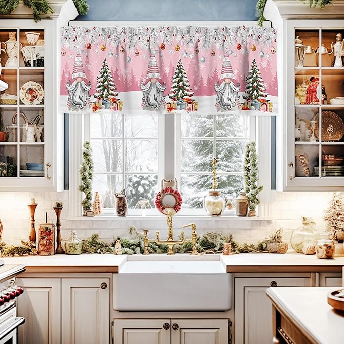 Christmas Gnome Valance Curtains for Kitchen Windows Winter Merry Christmas Tree Balls Rod Pocket Window Treatment Toppers for Kitchen/Living Room/Bedroom/Bathroom, 60" X 18", Pink