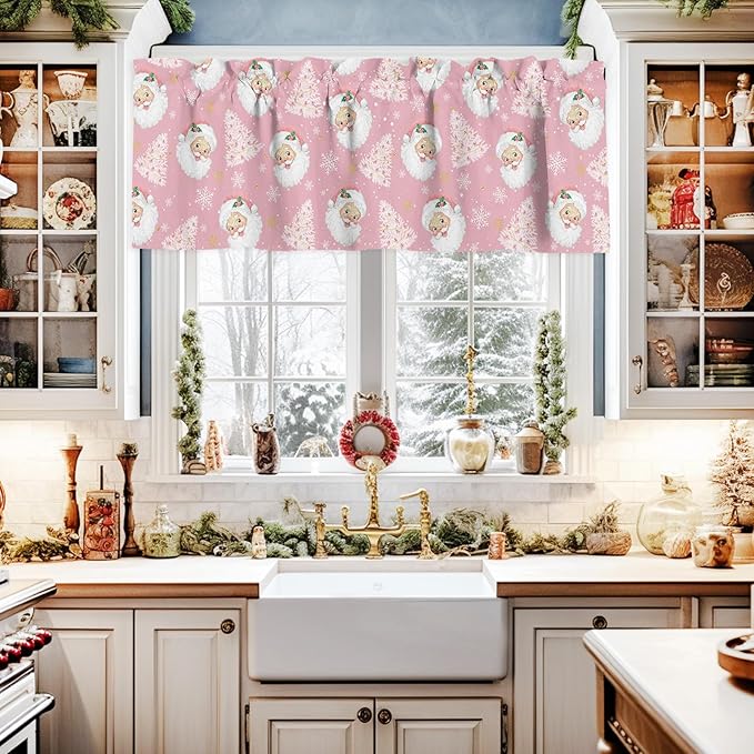 Pink Christmas Valance Curtains for Kitchen Windows Santa Claus Merry Christmas Tree Rod Pocket Window Treatment Toppers for Kitchen/Living Room/Bedroom/Bathroom, 60" X 18", Winter Snowflake