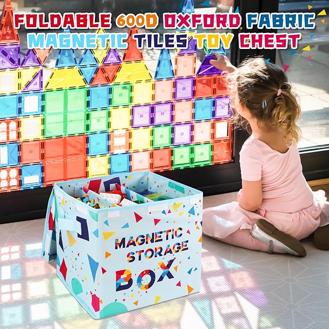 Magnetic Tiles Toy Organizer Box, Magnetic Tiles Toy Carry Case with Dividers, Playroom Organizer Travel Storage Organizer Bin, Magnetic holder Foldable Storage Cubes Bins and Lid