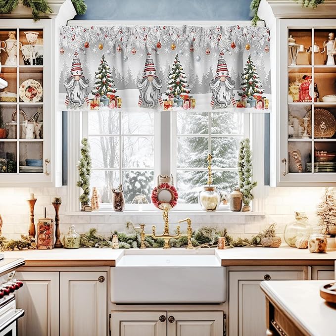 Christmas Gnome Valance Curtains for Kitchen Windows Winter Merry Christmas Tree Balls Rod Pocket Window Treatment Toppers for Kitchen/Living Room/Bedroom/Bathroom, 54" X 18", Grey