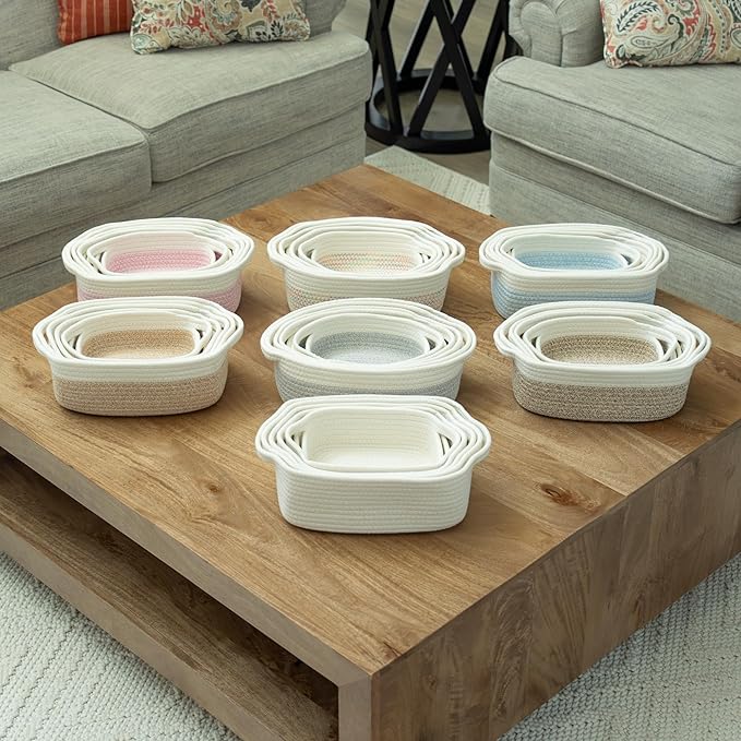 OrganiHaus Set of 5 Rectangle Bathroom Storage Baskets for Organizing, Small Woven Baskets for Storage Basket for Bathroom, Nursery Storage Basket for Baby Nursery Organization, Cute Bin, Honey/White