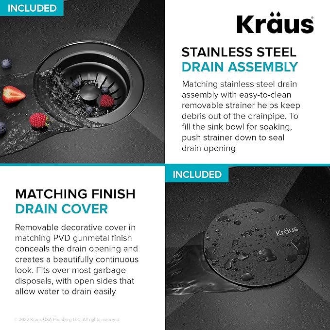 KRAUS Kore 23 Inch Drop-In Undermount Workstation 16 Gauge Stainless Steel Single Bowl Kitchen Sink n PVD Gunmetal Finish with Accessories, KWU1111-23-PGM