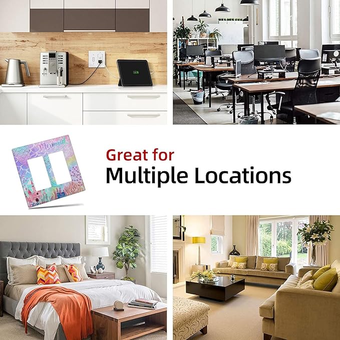 Silvery Glitter Cute Mermaid Tail Fantasy Castle 2 Gang Rocker Decora Light Switch Covers Dual Outlet Covers Wall Plate Decorative Switchplate Electrical Faceplate GFCI for Kidroom Nursery Bedroom