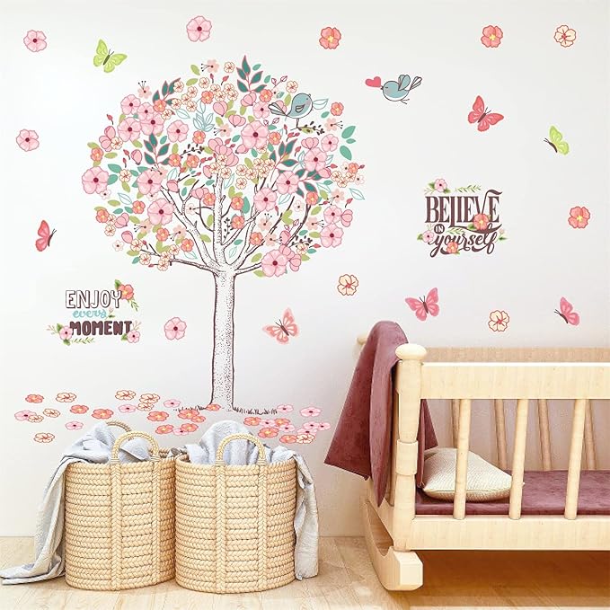 Large Pink Flowers Tree Wall Decals Spring Tree Wall Stickers Baby Girls Room Decor Believe Inspirational Quotes Wall Decals Peel and Stick Cherry Blossom Decals for Bedroom Nursery Living Room Decor