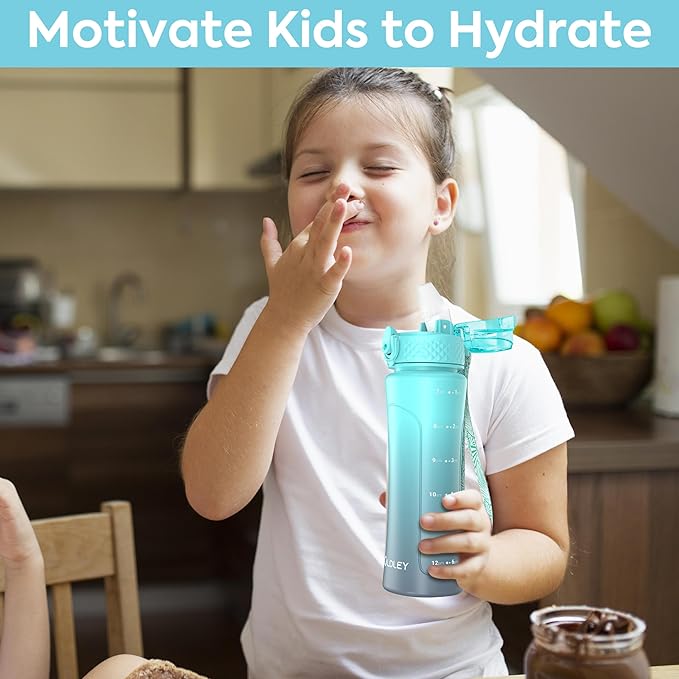 OLDLEY Kids Water Bottle with Straw 15 oz BPA-Free Leak-Proof Motivational Water Bottles with Time Marker for School Sports Travel Gym, Easy to Use for Girls Goys, 1 Straw Lid, Blue Grey