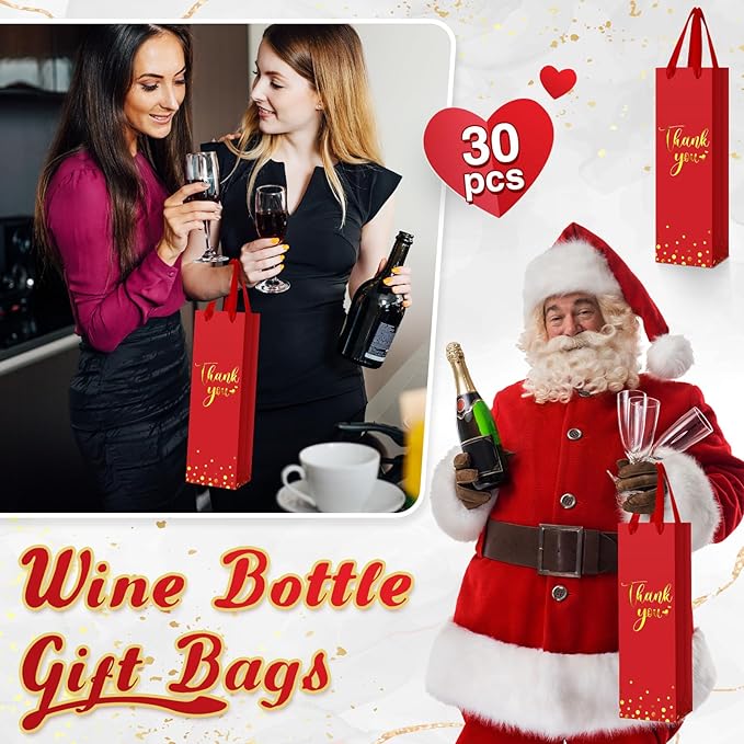Ctosree 30 Pcs Wine Gift Bag for Wine Bottle Wedding Wine Thank You Gift Bag with Metallic Gold Foil Print Kraft Wine Paper Favor Bag with Attractive Rope Handle for Graduation Bottle(Red)