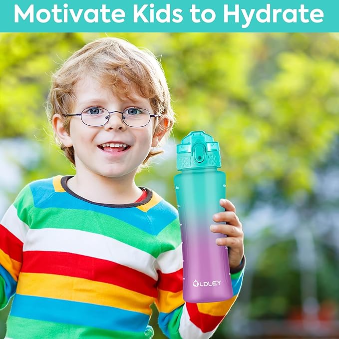 OLDLEY Kids Water Bottle for School with Straw Chug Lid, 15 oz Unbreakable Leak-Proof BPA-Free Motivational Water Bottles with Time Marker for Travel Sports Gym, 2 Lids, Mint Purple