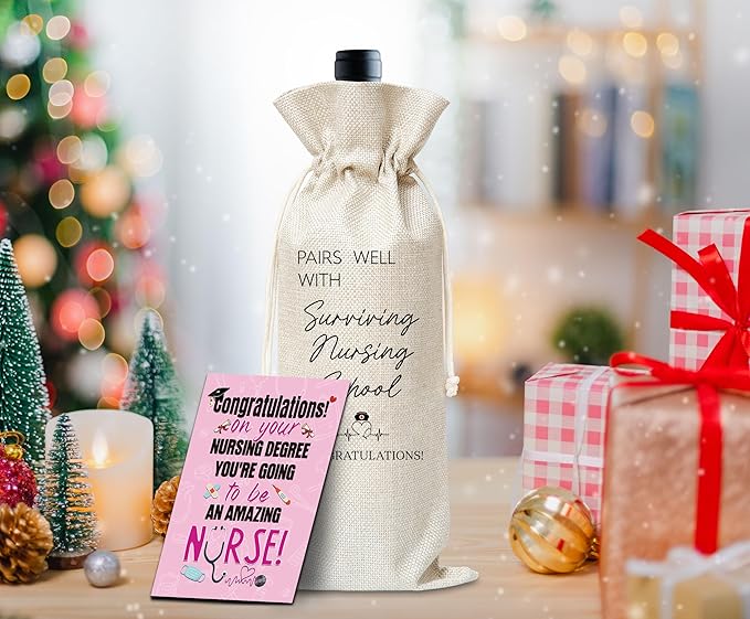 Graduation Wine Gifts Bag, Congratulations Nurse Graduate Reusable Wine Bag, Champagne Gifts Bag, Congrats Nurse Gifts For Women Man, Graduation Party Gifts, Burlap Drawstring Wine Bag With Card-20