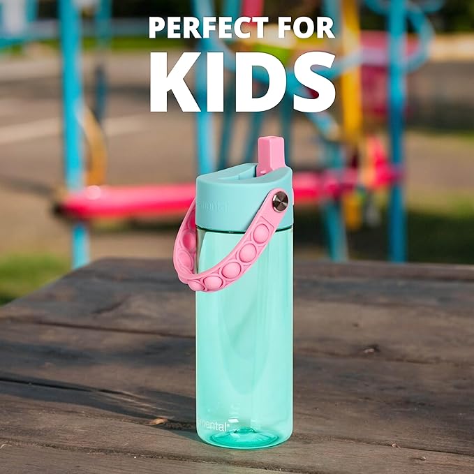 Elemental Leak Proof Water Bottles for Kids - Splash Kids Water Bottle for School with Fun Fidget Pop-it Handle - Tritan Plastic Water Bottle with Straw - Pink Unicorn & Robins Egg - 18oz (2 Pack)