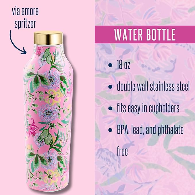 Lilly Pulitzer Stainless Steel Water Bottle, 18 Oz Metal Water Bottle, Pink Double Wall Insulated Tumbler with Lid, Via Amore Spritzer