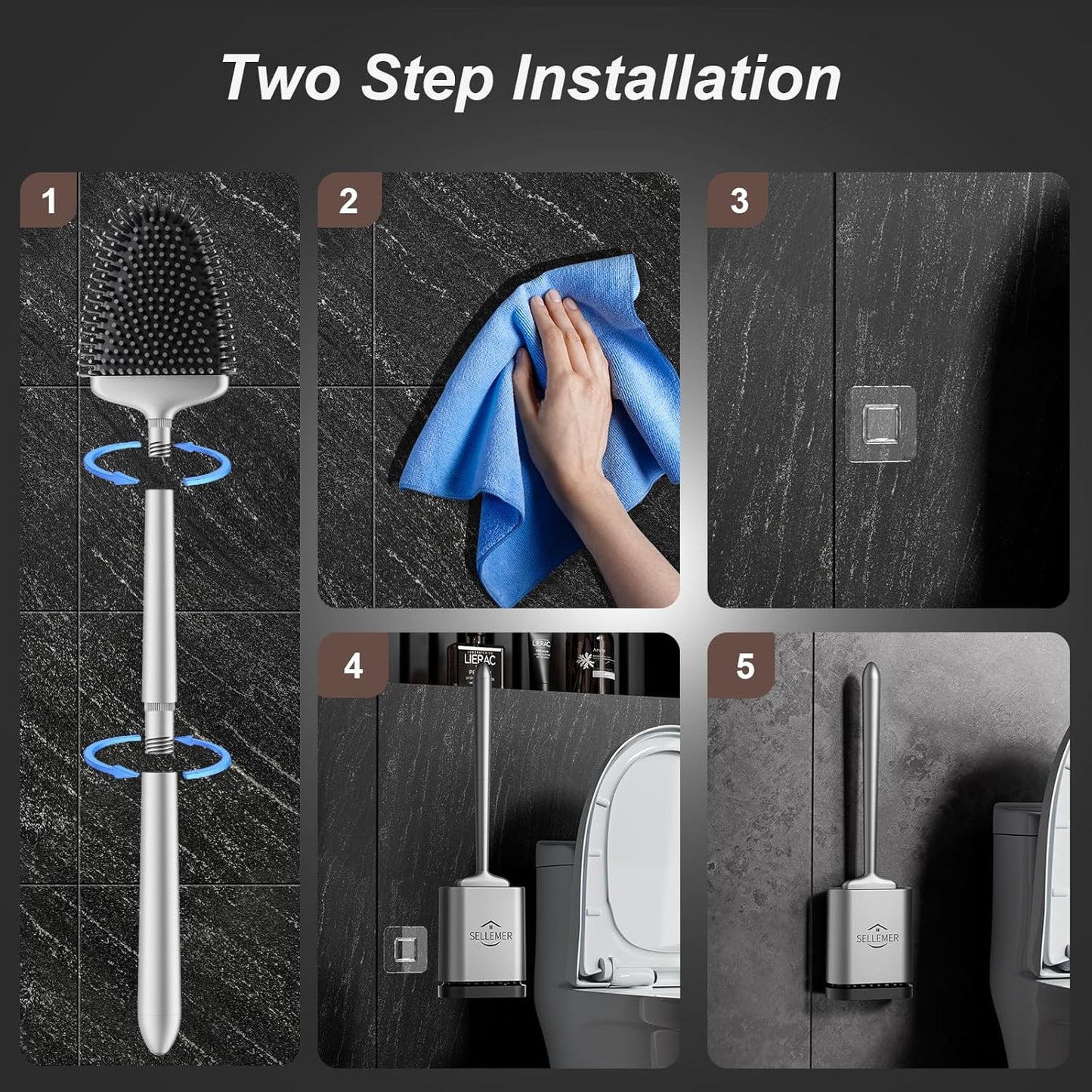 Sellemer Toilet Brush and Holder Set - Flexible Toilet Bowl Brush Head with Silicone Bristles, Compact Size for Storage and Organization, Ventilation Slots Base (1 Pack, Silver)