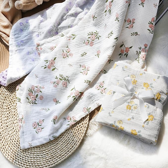 Baby Blankets for Unisex Boys Girls Super Soft Nursery Minky Blankets with Breathable Muslin Cotton Front and 3D Touch Dotted Fleece Backing, Floral Printed Bed Throws Newborn
