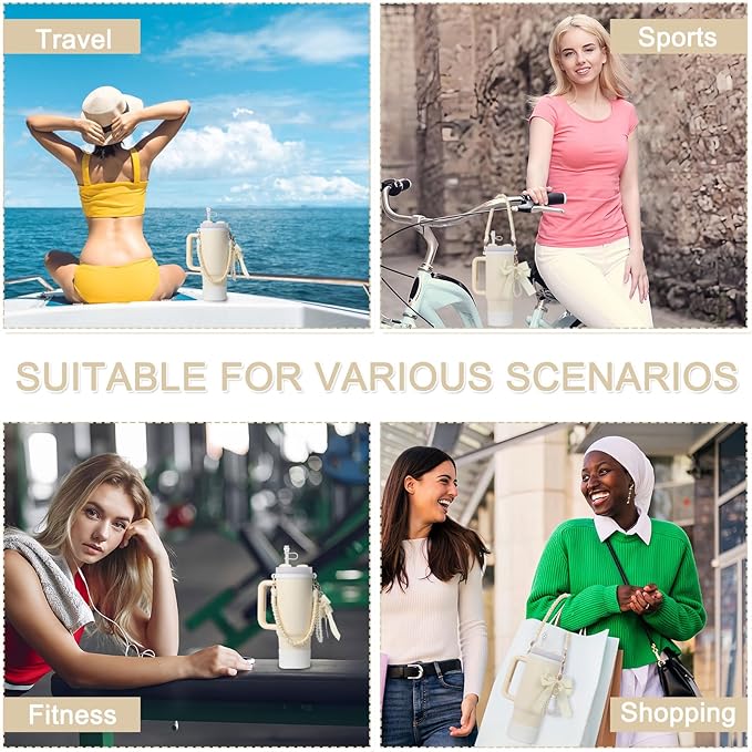 Stanley Cup Accessories Set- Water Bottle Handle Strap, Stanley Cup Protective Silicone Boot, Bow Design Stanley Charms for Stanley Cup 40oz /30 oz Tumbler (white)