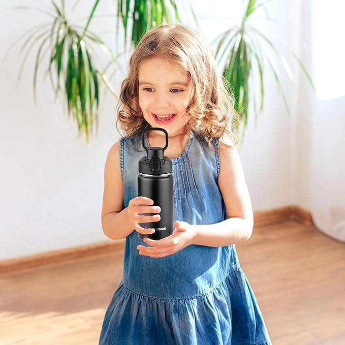 Kids Insulated Water Bottle with Straw,14oz Stainless Steel Water Bottle,BPA-free and Leak-proof,Double Wall Vacuum Water Flask for School,Gifts for Boys and GirlsοΌ14oz,BlackοΌ