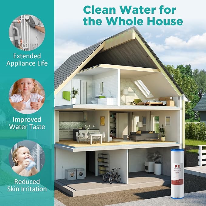 SimPure 10"x2.5" Pleated Polyester Sediment Water Filter Replacement Cartridge 5 Micron Whole House Pre-Filter Compatible with W50PE, WFPFC3002, SPC-25-1050, FM-50-975 - 4 Pack