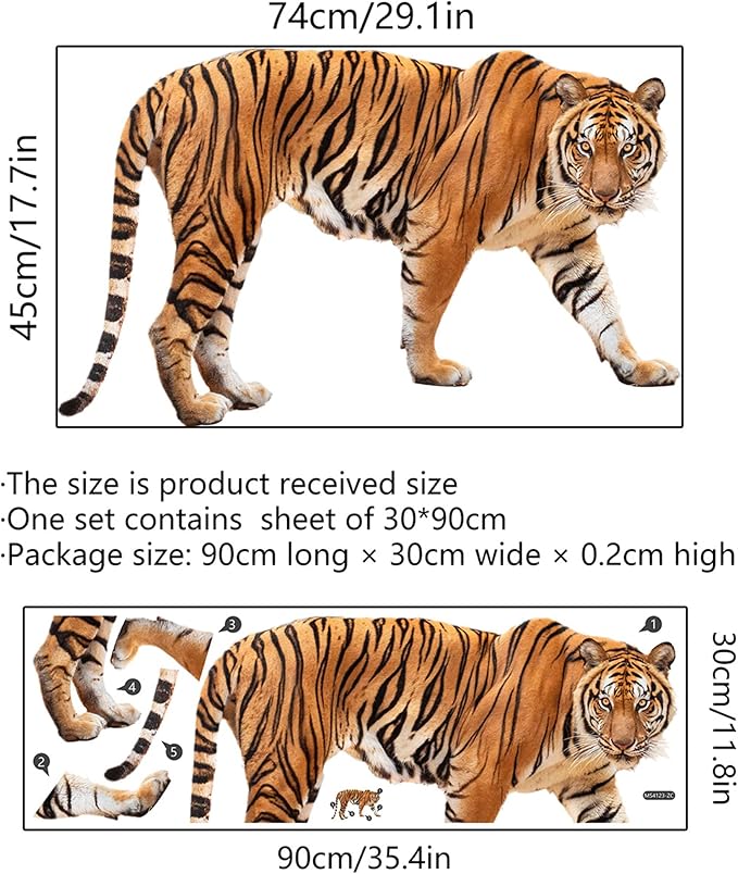Lifelike Tiger Wall Decal 3D Animals Wall Sticker Safari Wall Decor for Nursery Kid'sroom School Classroom Livingroom Bedroom Bathroom Decoration (Lifelike Tiger 9)