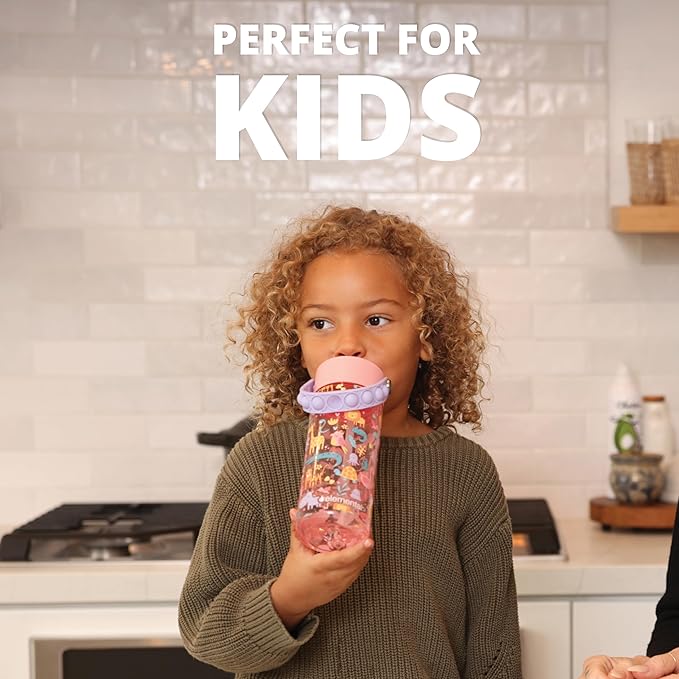 Elemental Leak Proof Water Bottles for Kids - Splash Kids Water Bottle for School with Fun Fidget Pop-it Handle - BPA Free Tritan Plastic Reusable Water Bottle with Straw - Pink Safari - 18oz