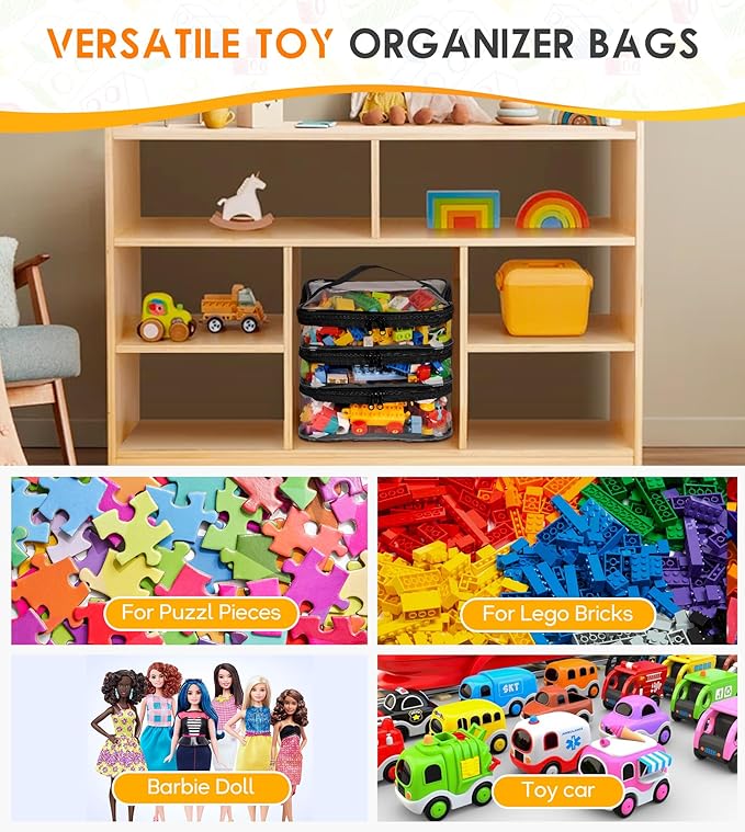 MISSLO 3-Layer Lego Storage Organizer with 3 Manual Pockets Clear Lego Storage Bag for Toys, Puzzles, Bricks, Building Blocks, Crafts (Black)