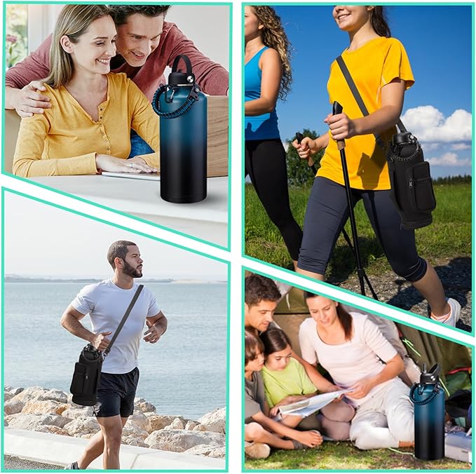 87/128 oz Insulated Water-Bottle with straw - Gallon Water Bottles with Phone Holder, Stainless Steel Water Jug with Strap & Auto Chug Lids, Gym Camping Sport Metal Flask w/Paracord Handle