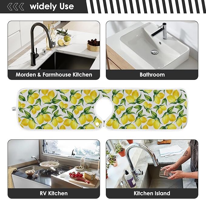 Kitchen Faucet Absorbent Mat,Lemon Water Splash Guard for Sink, Faucet Drip Catcher Thicken Sponge Microfiber Faucet Water Catcher Mat Sink Absorbent Mat for Kitchen 30x5in 2 Pack