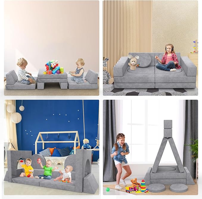 Kids Couch, 12PCS Modular Kids Play Couch with Blanket, Kids Sofa Couch for Playroom & Indoor, Convertible Toddler Couch for Girls and Boys