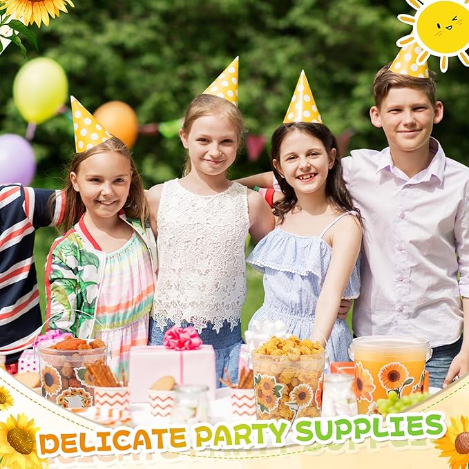 PerKoop 20 Pcs 32 oz Ice Cream Buckets with Lids and Handles Clear Cocktail Rum Buckets for Drinks with 200 Sunflower Stickers Plastic Transparent Tub Reusable Food Storage Containers for Parties