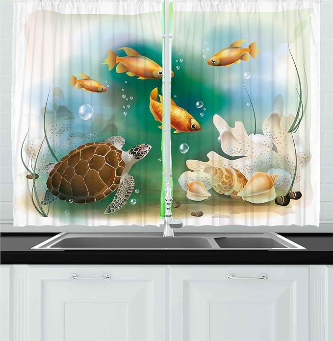 Ambesonne Turtle Kitchen Curtains, Ocean Life Illustration Aquarium Tropical Animals Goldfishes and Seashells, Window Drapes 2 Panel Set for Kitchen Cafe Decor, 55" x 30", Teal Orange