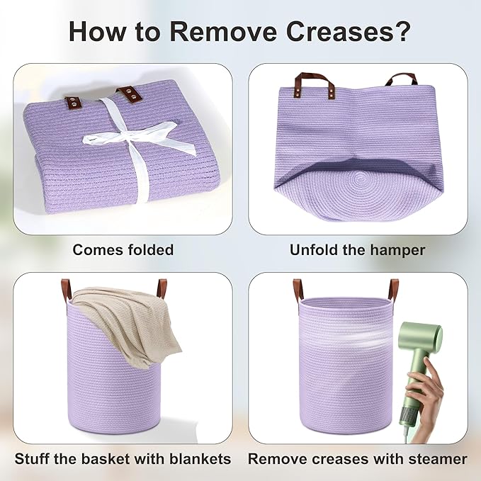 80L Large Rope Basket, Woven Rope Storage Basket with Leather Handles, Dog Toy Storage Basket, Bedroom, Nursery Blanket Storage, Bathroom Laundry Basket, 16“x20” Tall Rope Basket (Purple)