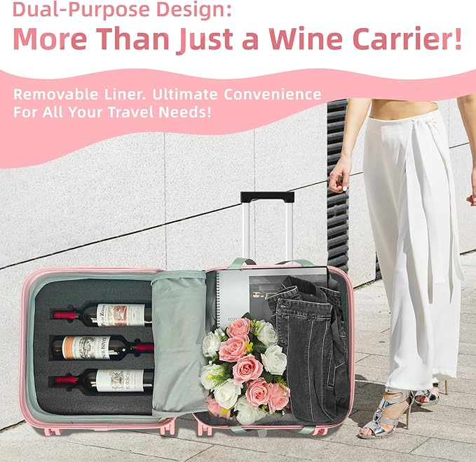 Wine Suitcase, 6 Bottle Wine Luggage, Durable Wine Travel Case, Fly With Wine Suitcase with TSA Lock, Versatile Wine Carrier with Removable Inserts and Silent Spinner Wheels(Pink)