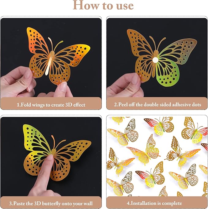 SAOROPEB 3D Butterfly Wall Decor 48 Pcs 4 Styles 3 Sizes-Butterfly Birthday Decorations&Butterfly Party Decorations&Butterfly Cake Decorations-Removable Gold Butterfly Decorations (Laser Gold)