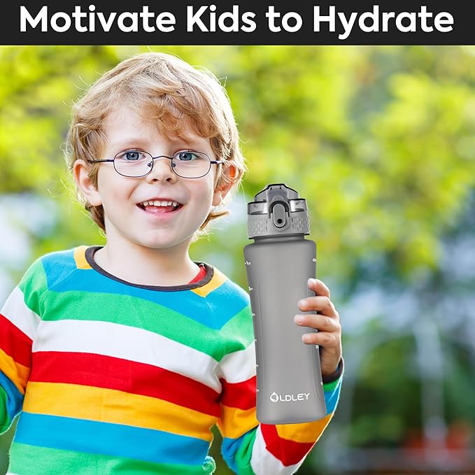 OLDLEY Kids Water Bottle for School with Straw Chug Lid, 15 oz Unbreakable Leak-Proof BPA-Free Motivational Water Bottles with Time Marker for Travel Sports Gym, 2 Lids, Grey