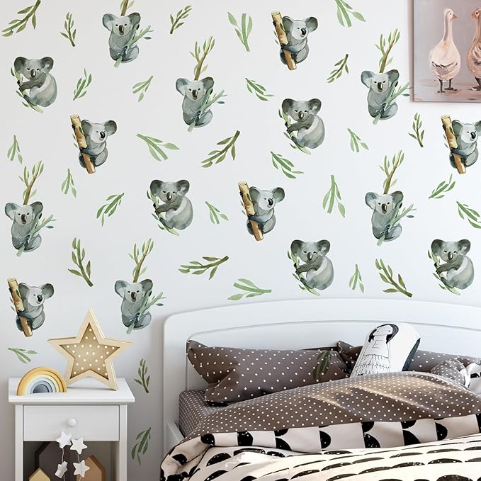 5 Sheets Cartoon Animal Wall Decal Removable DIY Koala Wall Decal Peel and Stick Branch and Leaves Wall Stickers Wall Art for Baby Nursery Bedroom Living Room Playroom Decor
