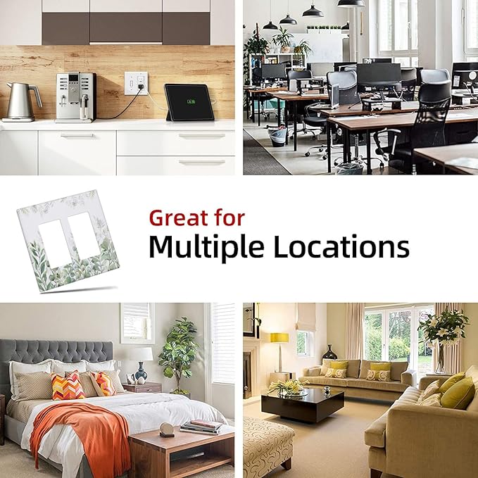 Green Eucalyptus Rustic Botanical Plant Leaves 2 Gang Rocker Decora Boho Light Switch Covers Decorative Dual Outlet Covers Wall Plate Electrical Faceplate Switchplate GFCI for Country Bedroom