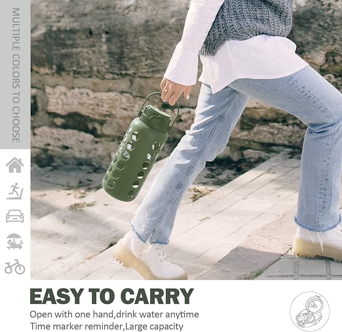 MUKOKO Half Gallon/64 oz Glass Water Bottles with Straw and Lid,Motivational Water Jug with Time Marker Reminder and Silicone Sleeve,100% Leakproof BPA Free Fitness Sports Large Bottle-Olive