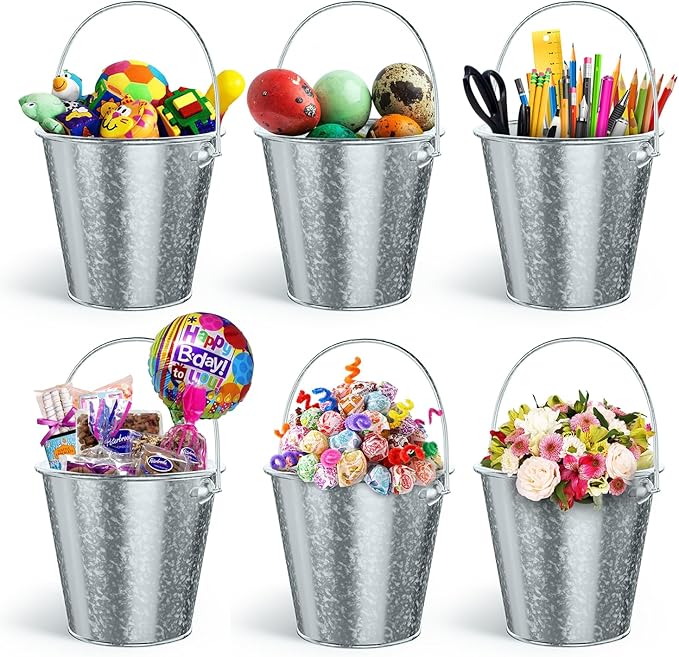 Small Metal Buckets with Handle 6 Pcs – Galvanized Bucket Leak Proof & Rust Resistant 20 fl oz Capacity - Best for Party Décor, Organizing & Decorating Classrooms (Silver, Small 4.3" Top)