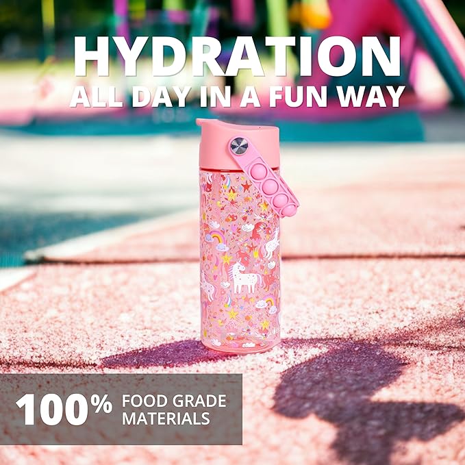 Elemental Leak Proof Water Bottles for Kids - Splash Kids Water Bottle for School with Fun Fidget Pop-it Handle - Tritan Plastic Water Bottle with Straw - Mermaid & Pink Unicorn - 18oz (2 Pack)