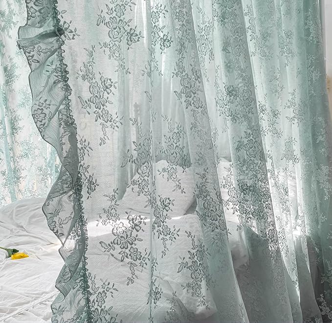 Mengersi Canopy Bed Curtains with Tie Backs,Bed Canopy Curtains Bed Drapes Sheer Lace Curtains for Bedroom Decor(Full,Sage Green