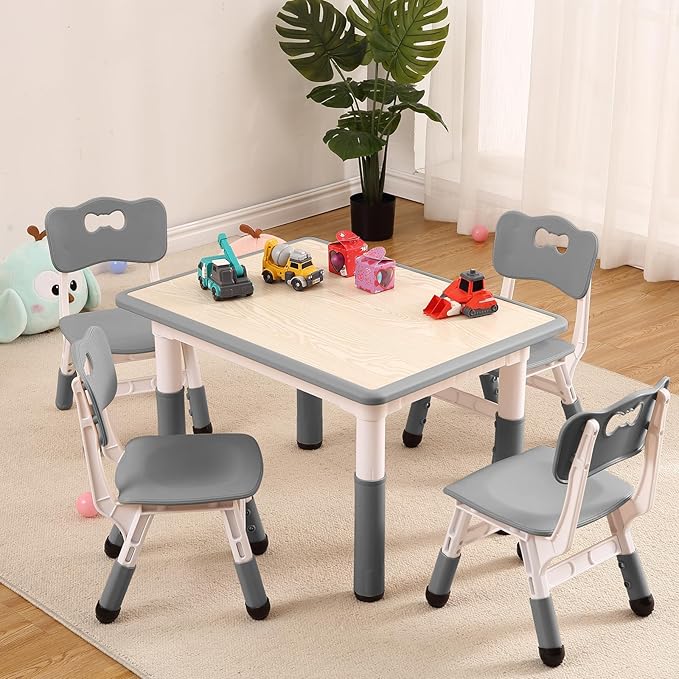 Kids Table and Chairs Set, Height Adjustable Desk With 4 Seats for Ages 2-10,Arts & Crafts Table,Graffiti Desktop, Non-Slip Legs, Max 300lbs, Children Multi-Activity Table for Classrooms,Daycares,Home