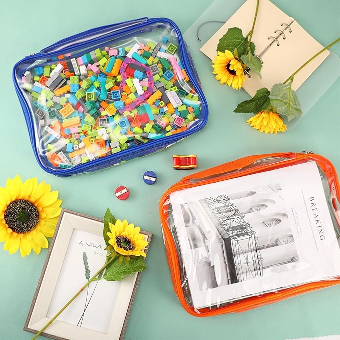 Sanwuta 3 Packs Toy Storage Bags with Zipper, Clear PVC Organizing Bags, Waterproof Toy Bags for Board Games, Building Blocks, Toys and Kids Books (Red, Blue, Orange,12.6 x 9 x 2.36 Inch)