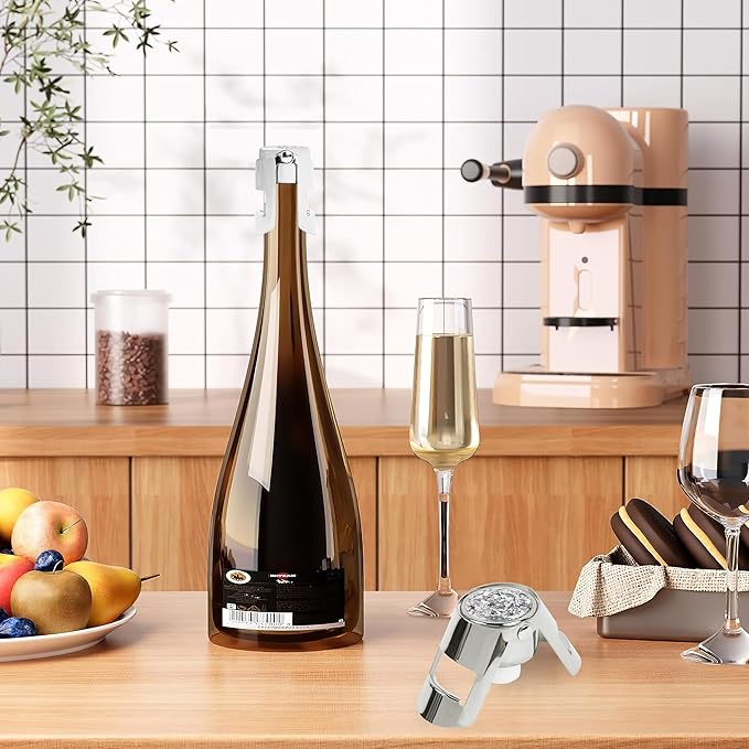 LIZIMANDU Champagne Stopper, Stainless Steel Bottle Plug Sealer for Sparkling Wine, Superior Leak,keeps Wine, Champagne, Prosecco, Cava, and Sparkling Wine fresh longer(1-Bling Silver)