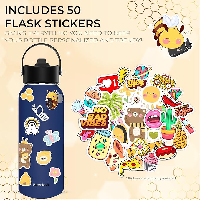 Sports Water Bottle - 32 Oz, 3 Lids (With straw), 50 Cute Stickers, Vacuum Insulated, 308 Stainless Steel, with a Portion of Sales Supporting Bee Conservation Efforts (Navy Blue)
