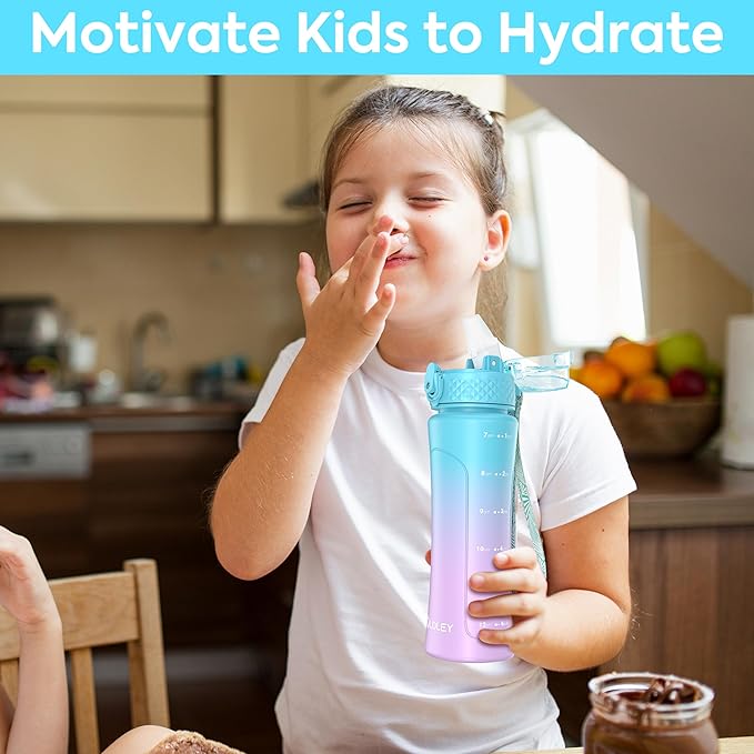 OLDLEY Kids Water Bottle for School with Straw Chug Lid, 15 oz Unbreakable Leak-Proof BPA-Free Motivational Water Bottles with Time Marker for Travel Sports Gym, Blue Purple