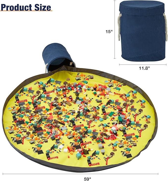 EXQ Home Toy Storage Basket and Building Bricks Toy Play Mat for Kids Rooms (11.8 x15 inches) - Organizer Storage Organizer for Toys, Playroom Canvas Bag Gift for Boy/Girls Navy Blue