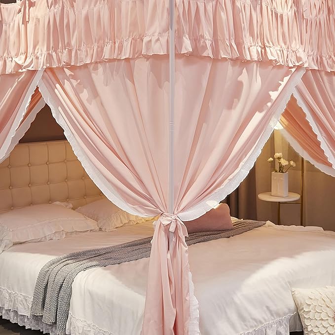 Ruffle Lace up 4 Corners Post Princess Curtain Bed Canopy Cozy Breathable Mosquito Net Cloth for Girls Adults Bedroom Decoration (Pink, 53" W*78" L*82" H/Full)