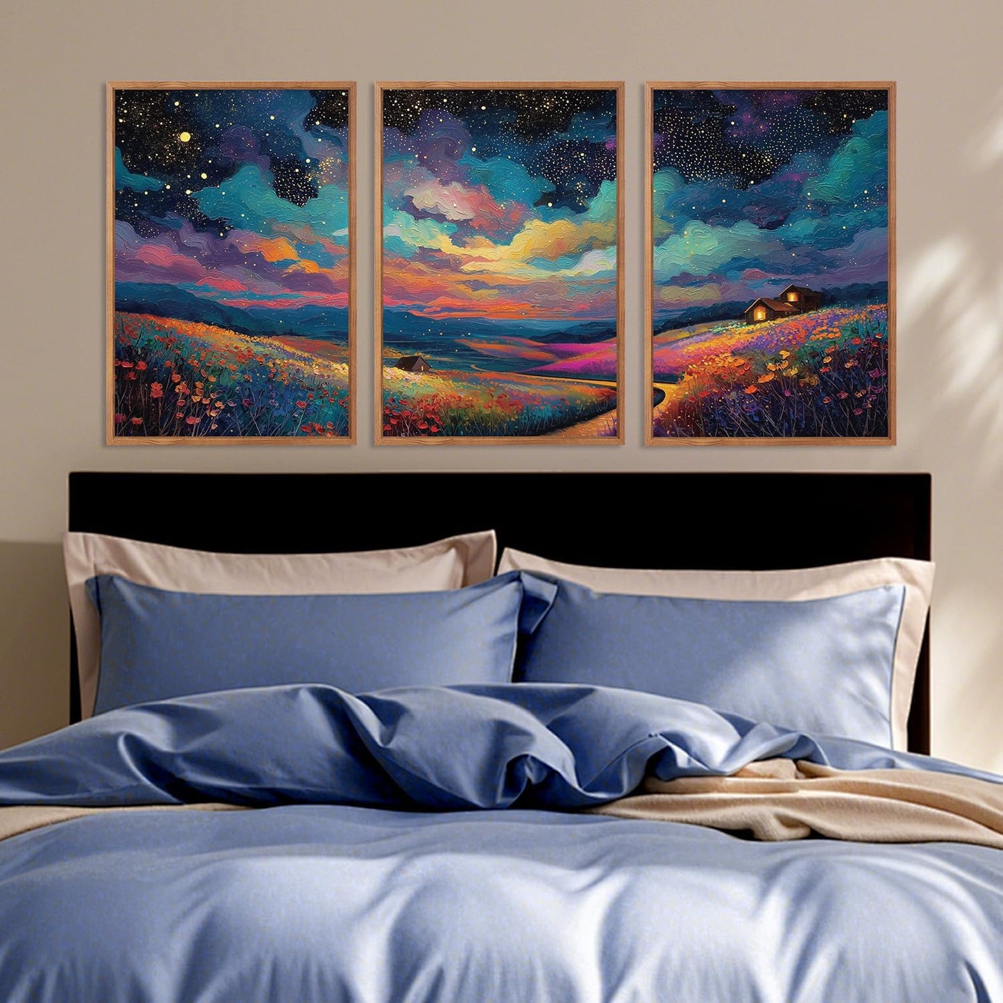 KAIRNE Framed Abstract Midnight Canvas Wall Art,Starry Night Prints Set of 3(16”X24”),Colorful Wildflowers Wall Decor,Nature Night Scene Paintings for Living Room Bedroom office Farmhouse Decoration