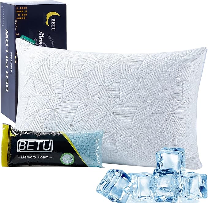 BETU Cooling King Size Pillow, Shredded Memory Foam Cool Pillow for Hot Sleepers, Adjustable Firm Soft Support Bed Pillows Perfect for Back Neck Pain and Side Sleeping with Pillow Case Cover, White