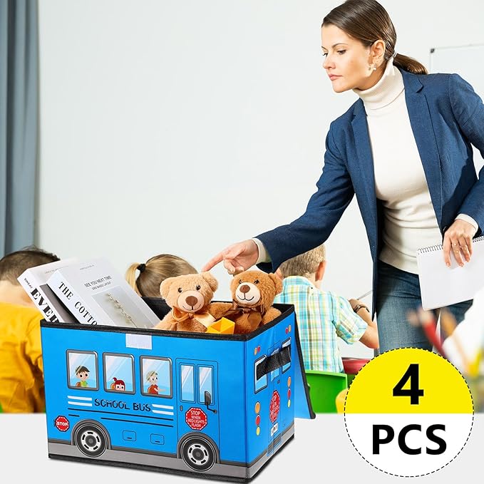4 Pcs Prize Box for Classroom, School Bus Treasure Box Foldable Chest Storage Box Kids Toy Chest with Lid Treasure Storage Organizer Bin for Teachers Students Awards (Yellow, Pink, Red, Blue)