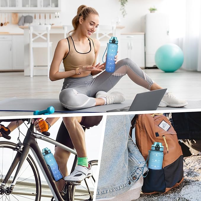GOSWAG Water Bottles, 32 oz Motivational Sports Water Bottle with Straw and Time Marker to Remind You to Drink, Comes with Carry Strap, Leakproof