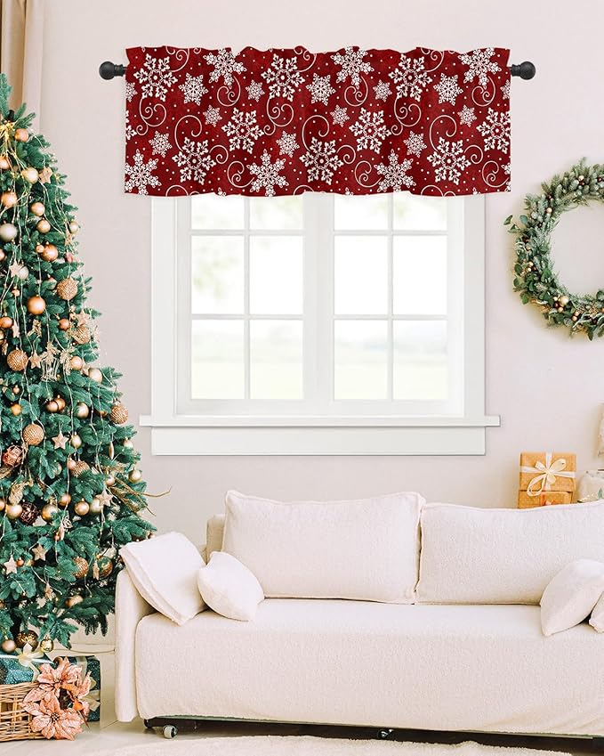 Christmas Valance Curtains for Kitchen Windows Red White Snowflakes Pattern Rod Pocket Window Treatment Toppers for Kitchen/Living Room/Bedroom/Bathroom, 42" X 18", Winter